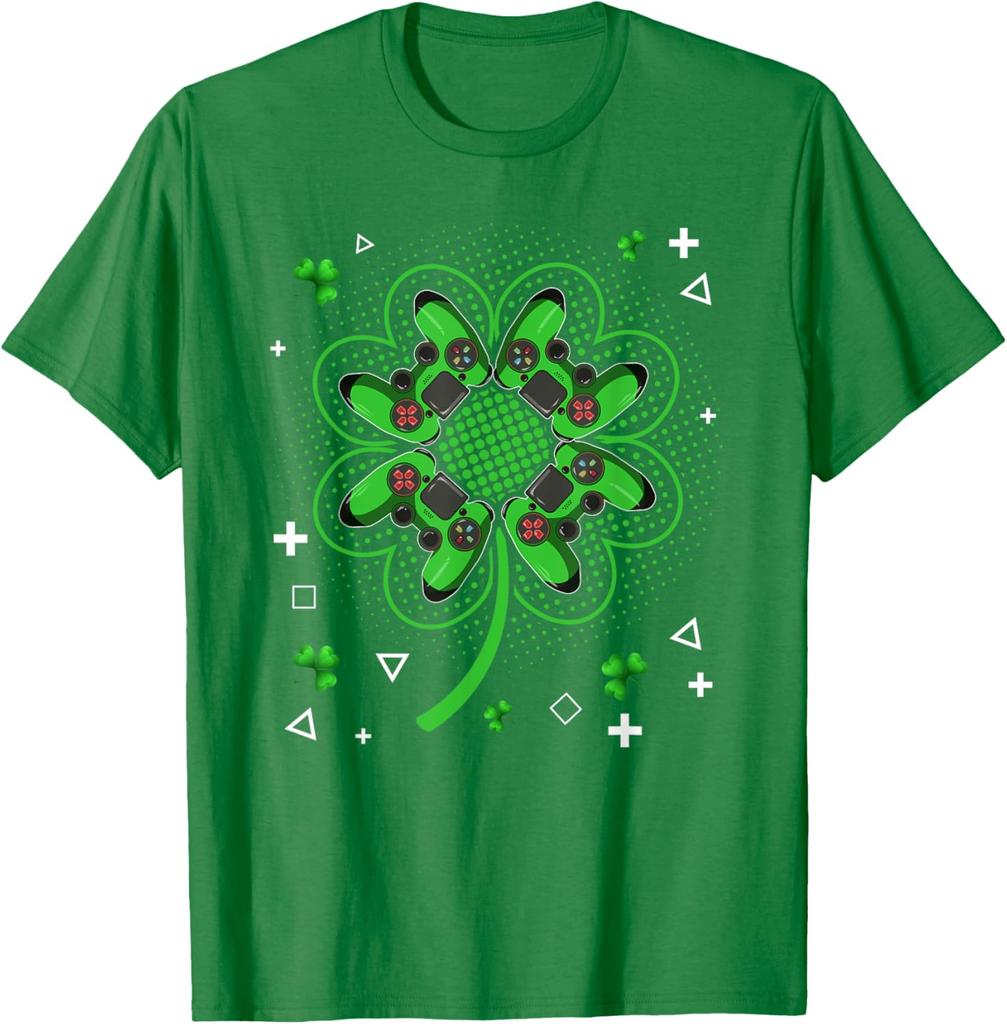 Gamer Shamrock Clover Controller St Patricks Day Graphic Tee Men Casual Trip T-Shirt
