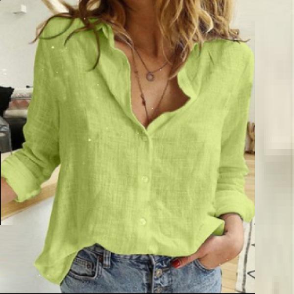 Turn Down Collar Long Sleeve Buttoned Cotton Shirts Women Solid Color Loose Plus Size Tops White Blue Blouse