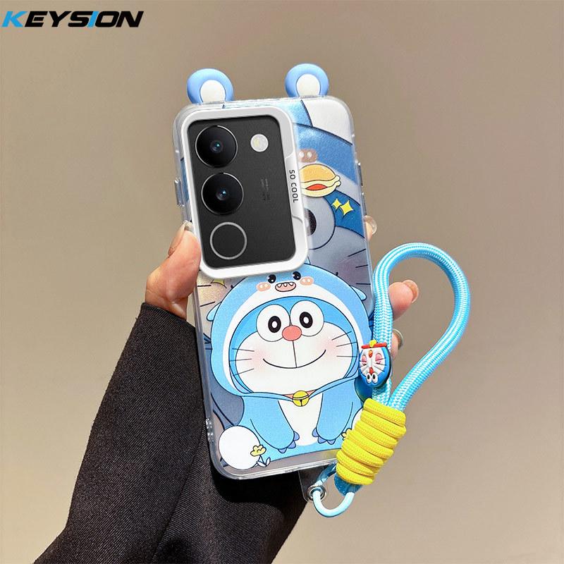 KEYSION Милый мультяшный чехол с ушками для VIVO V29 5G со шнурком Мягкий силикон+ПК Противоударная задняя крышка для телефона VIVO V29 5G