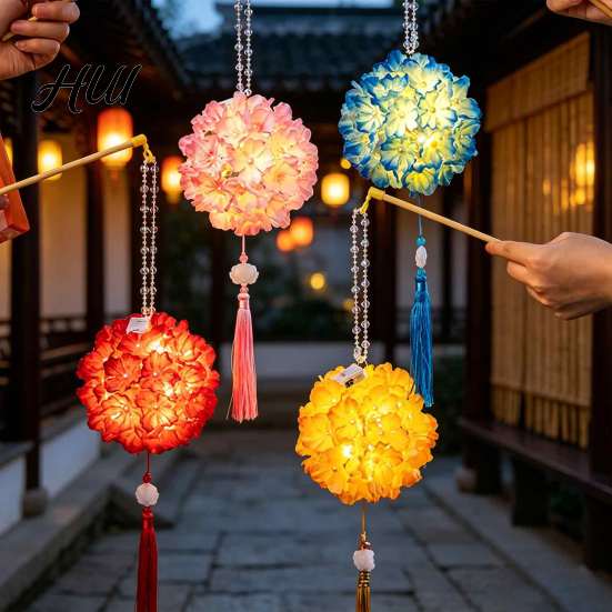 Night Market Atmosphere Light Hydrangea Lantern DIY Kit, Handheld Glowing Chinese Style Flower Manual Assembly Art Project Craft for Mid Autumn,