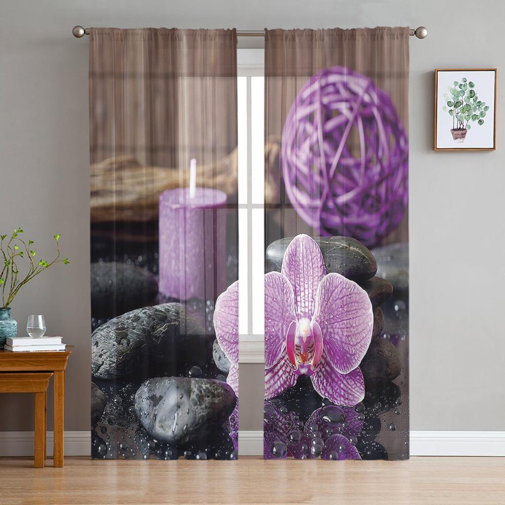 Zen Stones Orchids Flower Green Bamboo Tulle Curtains for Living Room Bedroom Decor Transparent Sheer Voile Window Curtain
