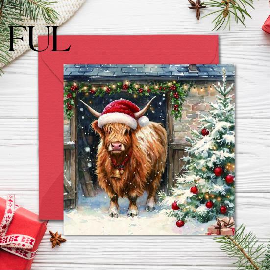 Watercolor Festive Note Cards 24Pcs Christmas Card Set with Envelopes, Hand Painted Animal Holiday Greeting Cards, Party Favor Highland Cow