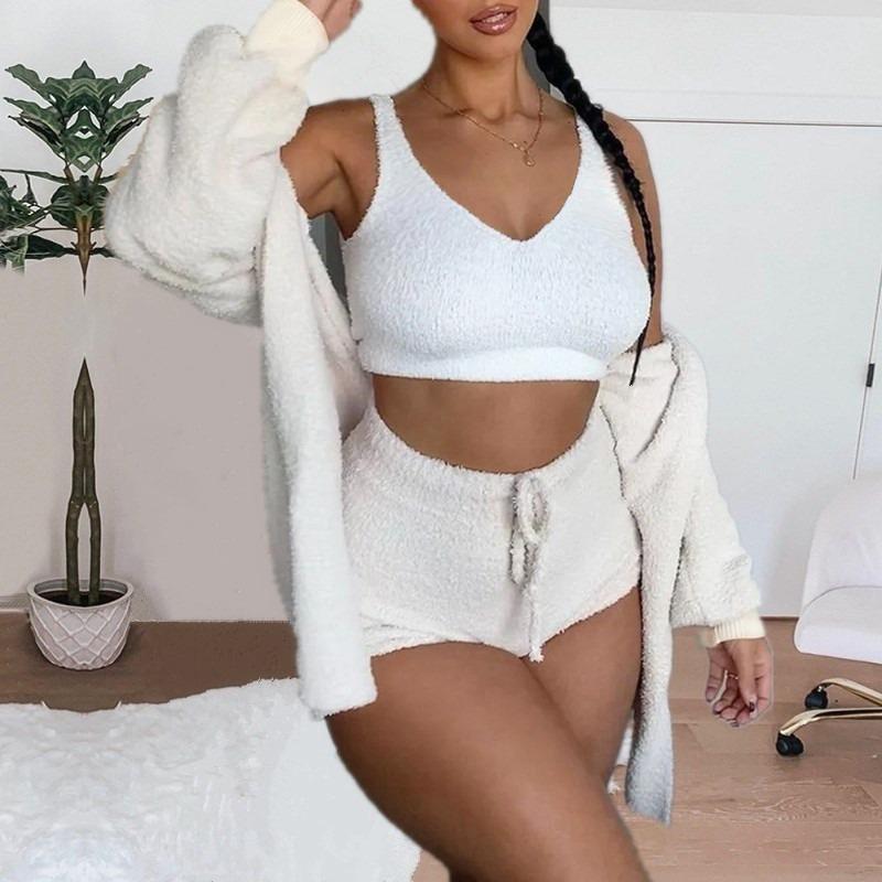 Home Wear Long Sleeved Plush Casual Three Piece Set Jacket Vest Shorts Sports Suit