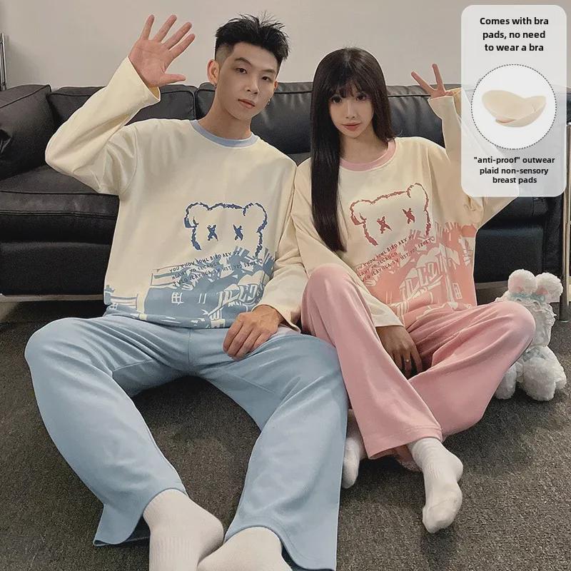 «Женский и мужской пижамный комплект с нагрудными накладками и рисунком – домашняя одежда с длинными рукавами в корейском стиле для осени и зимы»