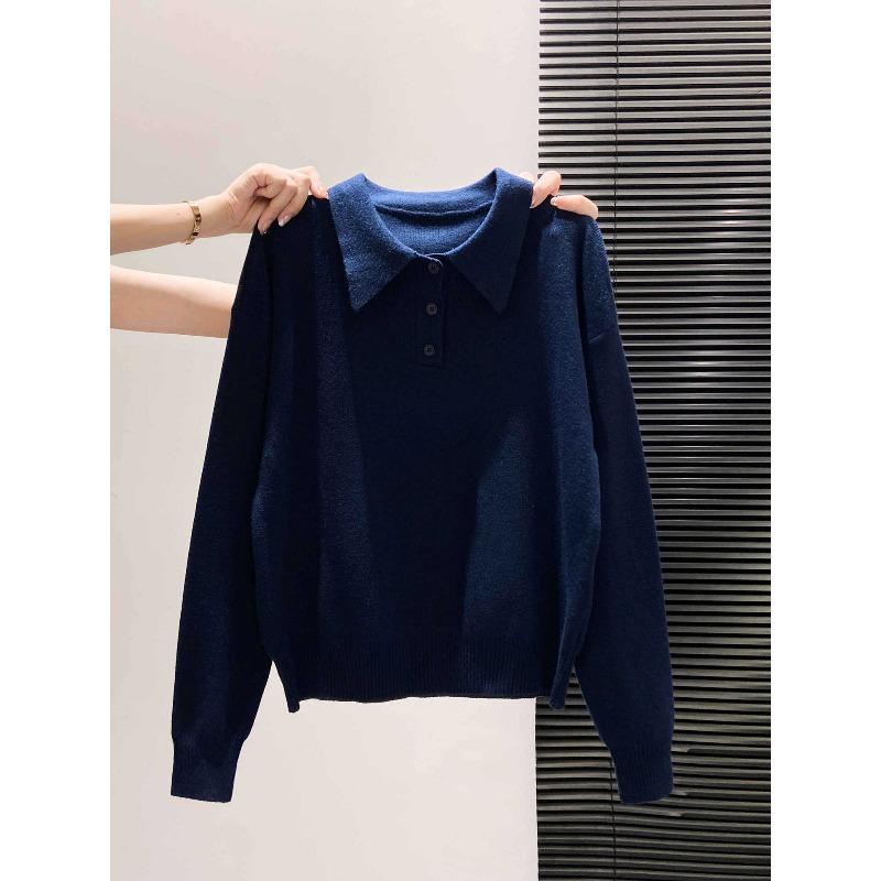 Temperament soft waxy button olo lapel knitted sweater women's autumn versatile lazy wind loose long-sleeved bottoming top