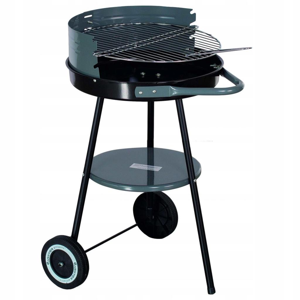 Round charcoal garden grill with a wheeled shelf