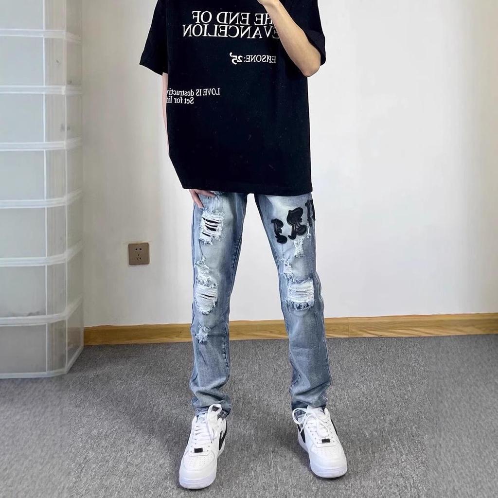 High Street Embroidered Anir Slim Fit Jeans - Men's Trendy Skinny Pants, Student Style