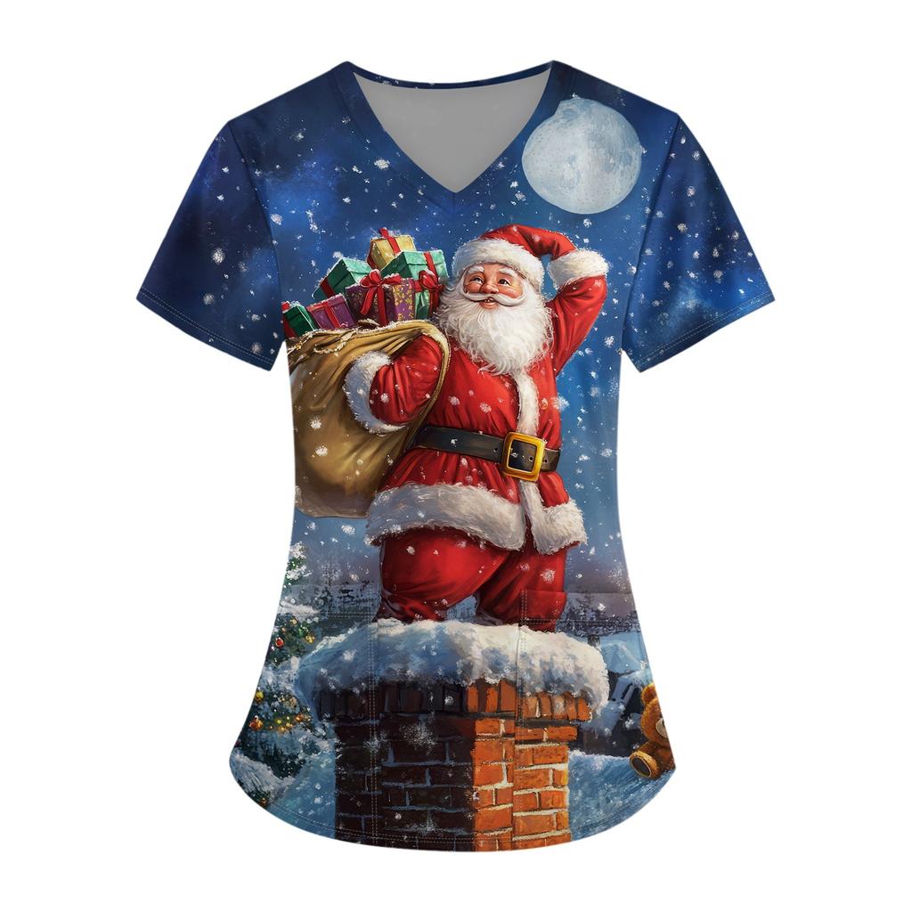 Плюс размерСкраб с принтом Рабочая форма Топы для женщин Крест V-образным вырезом Хэллоуин Принт с короткими рукавами Забавные футболки Спецодежда Футболка с карманами