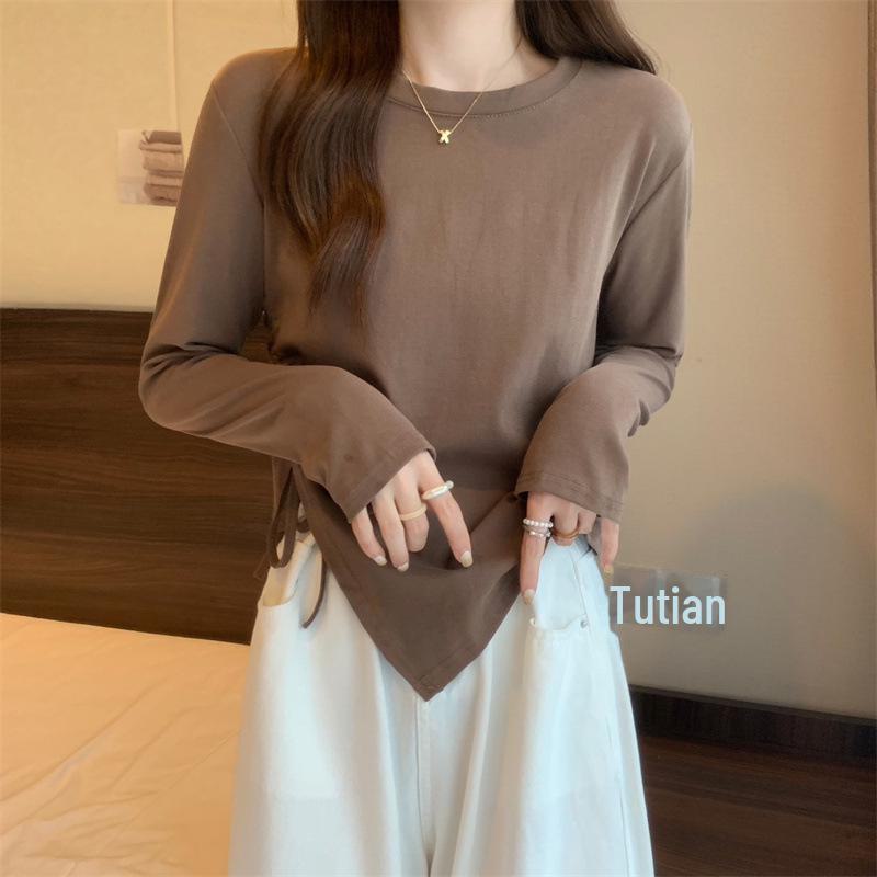 Корейская весна 2025 женская универсальная футболка с длинным рукавом и завязками, нестандартный дизайн, облегающий крой