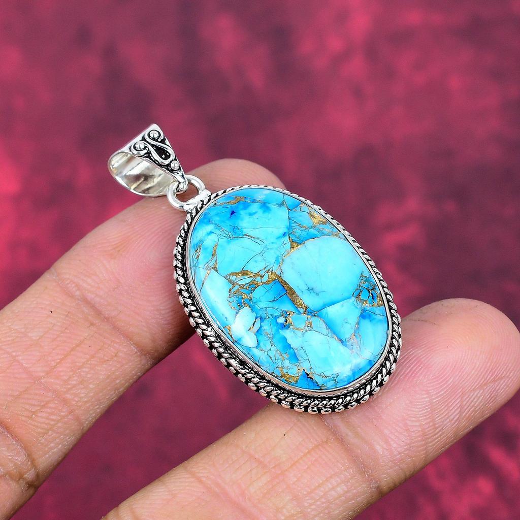 Голубой медный бирюзовый кулон ручной работы с драгоценными камнями, 925 пробы серебряный кулон, старинные ювелирные изделия, для подарка на помолвку