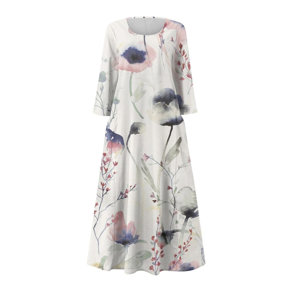 Women's Fashion Casual Print Round Neck 3/4 Sleeve Loose Pocket Dress