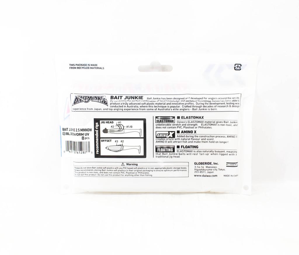Daiwa Soft Lure Bait Junkie Minnow 2.5 Inch 8 Per Pack BloodwormUV (2873)