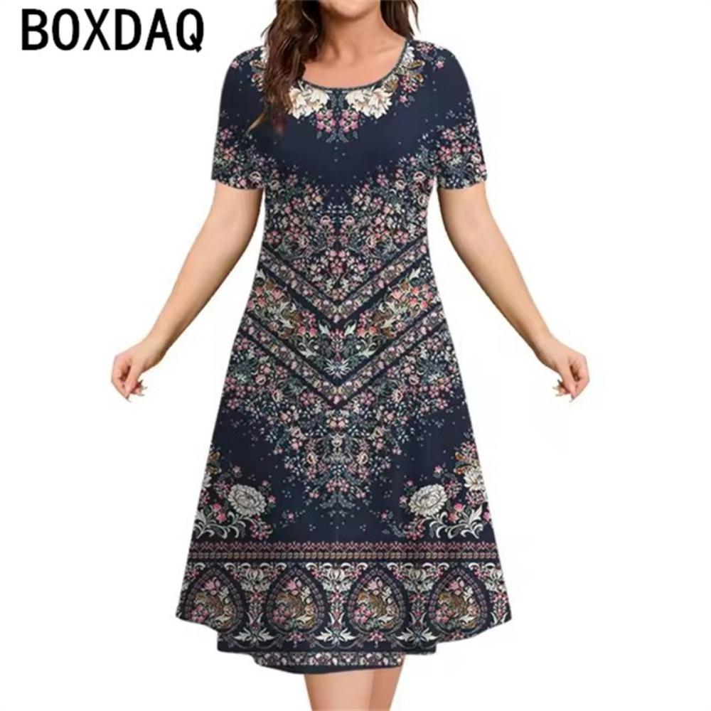 Vintage Tribal Ethnic Floral Graphic Elegant Women's Dress 2025 New Summer Short Sleeve O-Neck Casual Loose A-Line Dress Vestido
