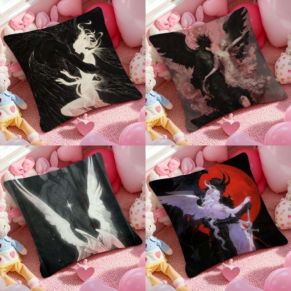 Angels And Demons Cushion Cover Antidustmite Pillowcase Invisible Zipper Silky Short Plush Sofa Cushion Cover