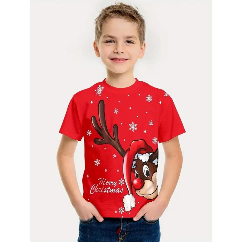 Летний топ с круглым вырезом и принтом рождественского оленя в виде 3D, модные и повседневные детские футболки для мальчиков с короткими рукавами