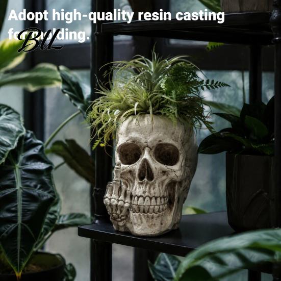 Gothic Home Decor Skull Planter with Middle Finger Design, Resin Skeleton Flower Pot Halloween Party Ornament for Succulents, Funny Plant Office