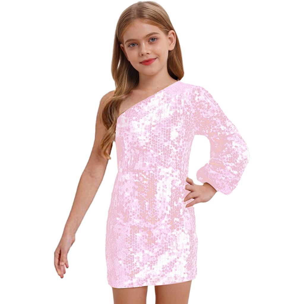 Платье для девочек с блестящими пайетками, на одно плечо, с длинным рукавом, длиной выше колена, праздничное платье на день рождения, для конкурса красоты, для свадьбы