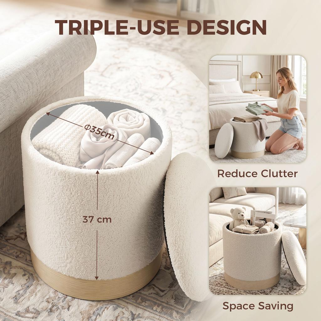 38 cm Round Stool with Sherpa Cover, Storage and Wood-Look Metal Base, Cream White