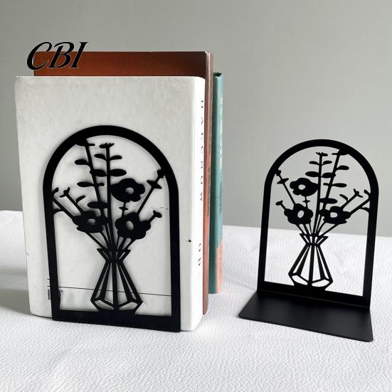 Metal Bookend 1 Pair Flower Bookends, Decorative Vase Book Ends for Shaped Shelves, Black Holder Stopper Home Office Reading Room Desktop