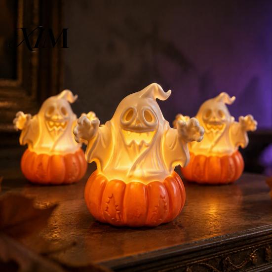 Halloween Store Displays Pumpkin Light, LED Lighted Ghost Skull Lantern, Spooky Seasonal Atmosphere Lighting Tabletop Decorative Lamp for Home Indoor