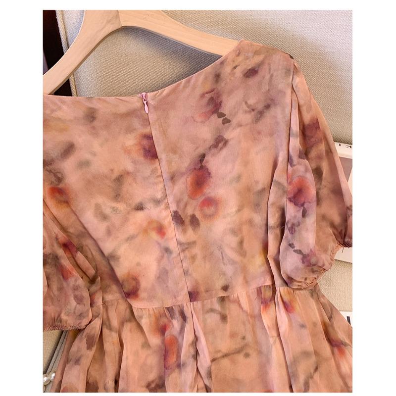 Plus Size Women's Summer New Vintage Style Floral Short Sleeved High Waisted Slimming Dress