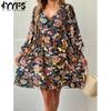 Women's Fashion Summer Spring Flower Pattern Print Long Sleeve V-Neck Loose Waistline Casual Dresses