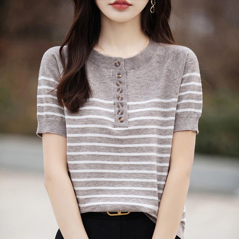 Женская вязаная футболка MODERN NEW SAGA, летняя вязаная рубашка, полосатые футболки с короткими рукавами, пуловер с круглым вырезом, вязаные топы