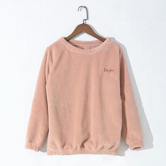 2 Pcs/Set Women Winter Pajamas Set Soft Thick Plush Cold Resistant Solid Color Round Neck Elastic Waist Long Sleeve Lady Homewear Sleeping Set