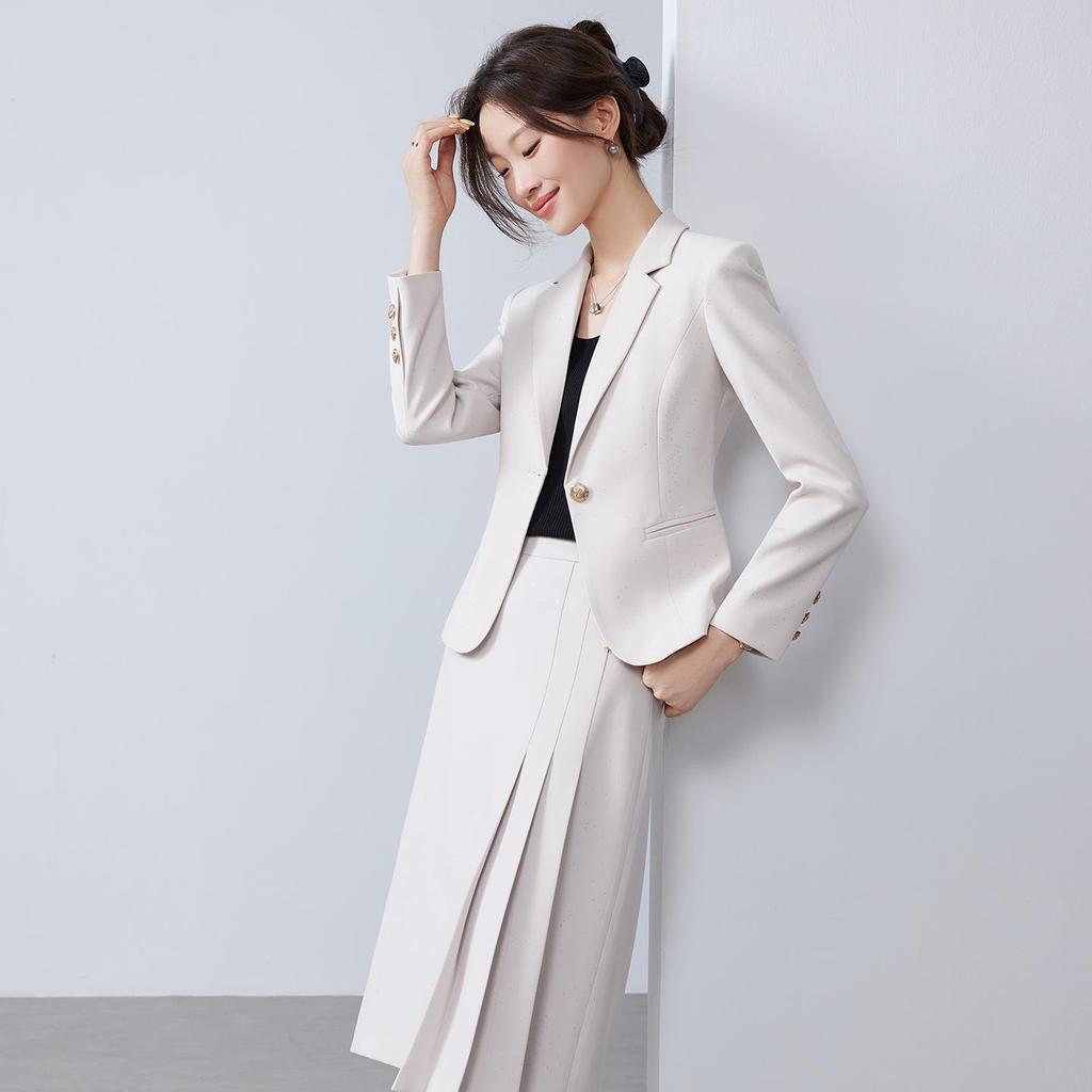 Women's Apricot Silver Suit Jacket & Midi Skirt Set - Spring/Autumn 2025, Slim Fit, High-End Two-Piece