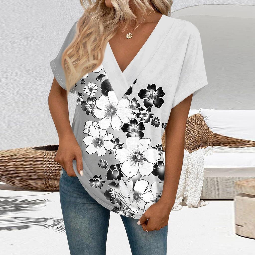 Women's Short Sleeve Shirts V Neck Print Tops Casual Tops Basic Tees Blouse Loose Tops