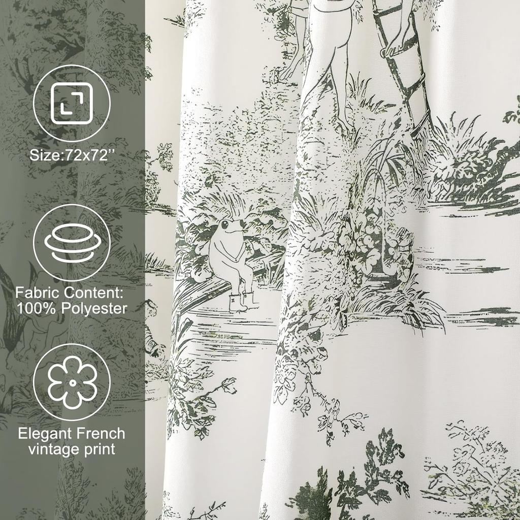 Винтажная французская шторка для душа с рисунком лягушек Toile Хлопковая штора с зеленым и белым принтом с 12 металлическими крючками Водонепроницаемый декор для ванной комнаты для