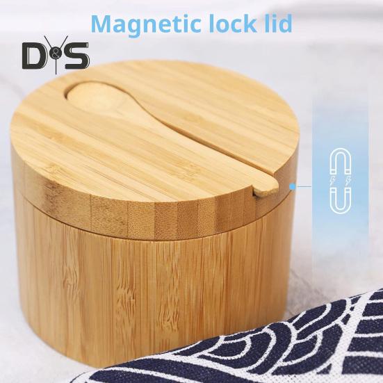 Бамбуковая солонка с магнитной поворотной крышкой, круглая солонка для хранения соли, перца, сахара, трав, функциональный контейнер для специй, емкость для хранения