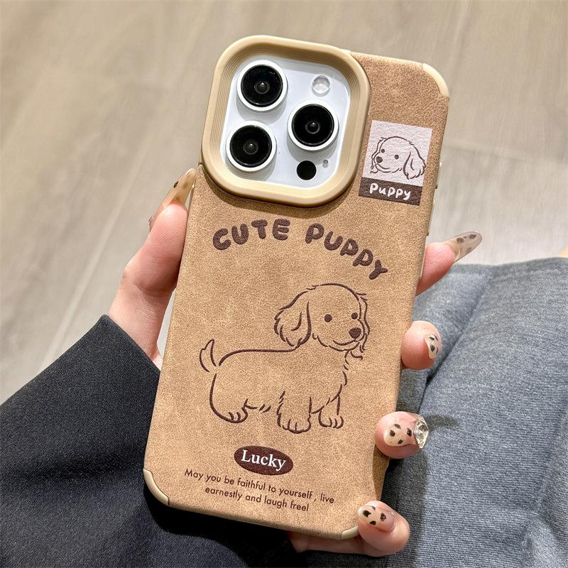 Autumn and Winter Brown Leather Cute Schnauzer Golden Retriever Dog for IPhone16promax for IPhone 14 Mobile Phone Case 15