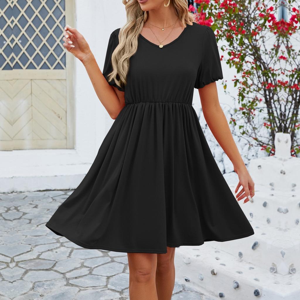 Women's Solid Colour V-Neck Puffy Sleeve Pleated Big Hem Dress Fashion Dresses