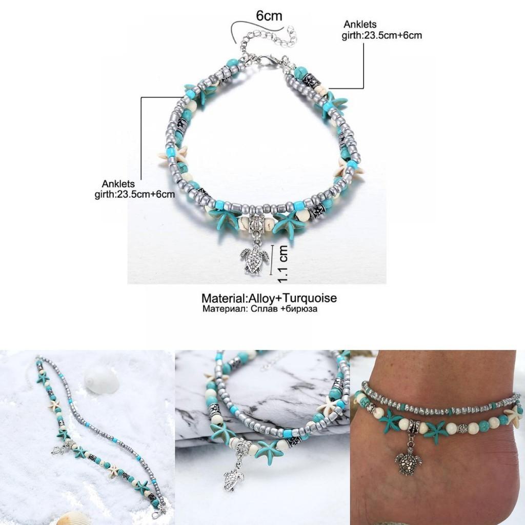 Винтажный синий браслет на ногу с ракушкой морской звезды, пляжный браслет на ногу с черепахой, отпускной браслет на ногу с рисовыми бусинами