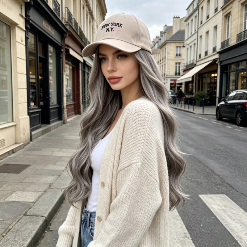 Gray Long Wavy Wig Hat All-in-One Women Natural Looking Synthetic Cap Daily Use