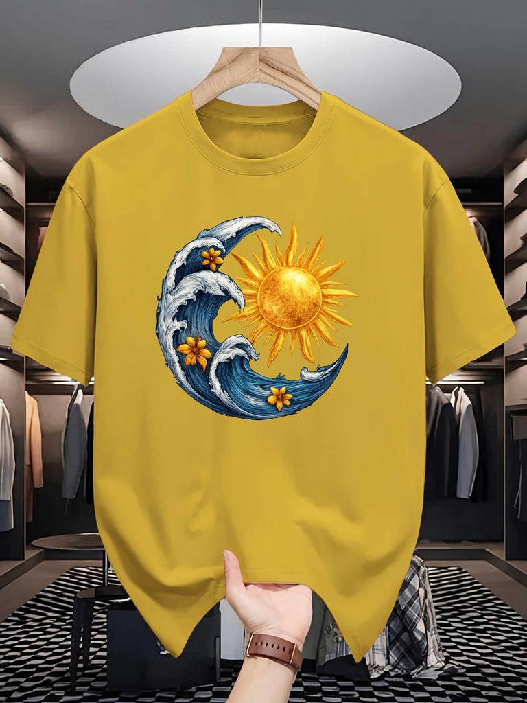 Unisex Crew Neck T Shirt Sun Moon Wave Floral Art Graphic Tees Short Sleeve Loose Fit Casual Unisexs Top For Outdoor Daily Street Wear
