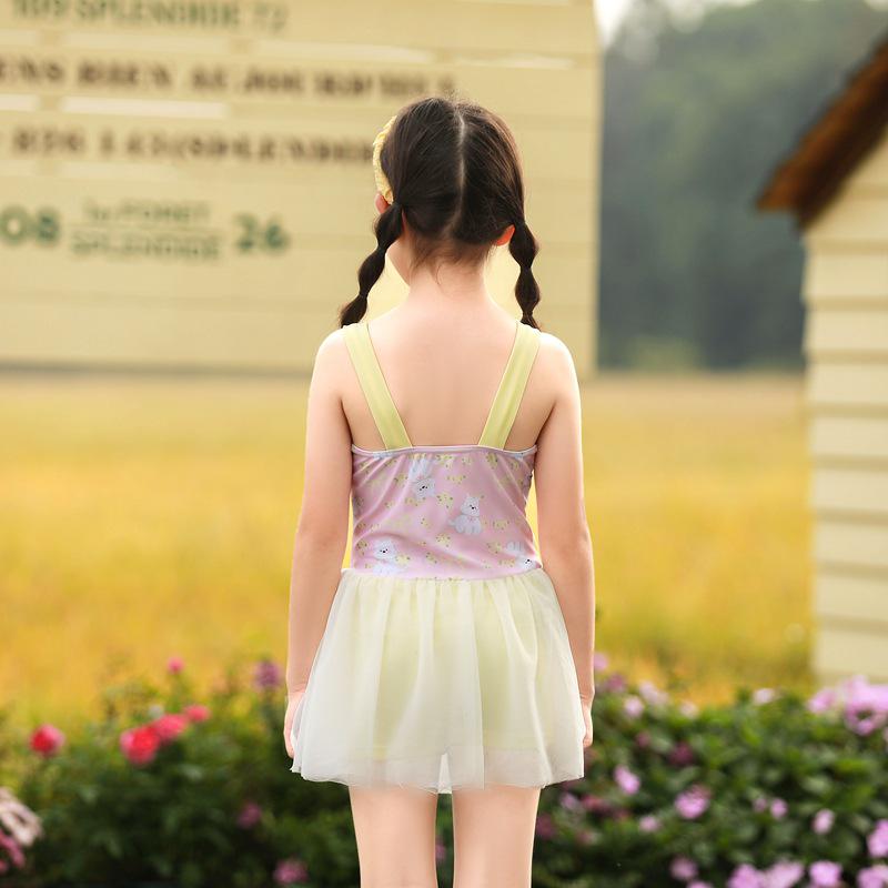 Korean Style Girls' Floral Strappy One-Piece Swimsuit with Bowknot and Gauze Skirt