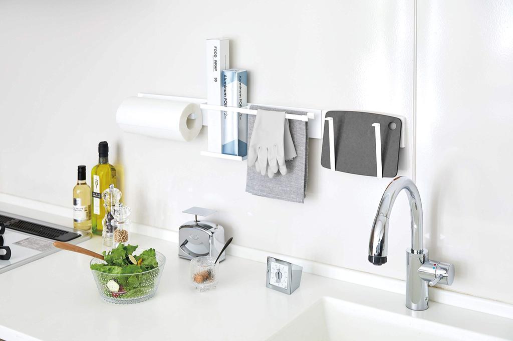 Yamazaki Jitsugyo 5104 Магнитная настенная кухонная барная стойка, широкая белая башня, настенная система хранения, магнитное крепление, прибл.. Ш84XГ1XВ7.3см