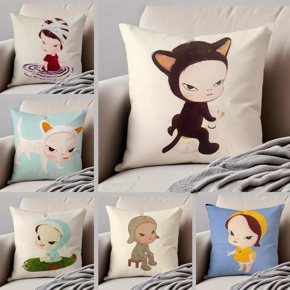 YYoshitomo Nara DDoll Cushion Cover Linen Minimalist Soft Breathable Protective Couch Room Decoration