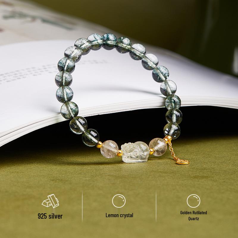 Sterling Silver Lemon Crystal & Green Phantom Quartz Beaded Bracelet for Women - Light Luxury Pixiu Design