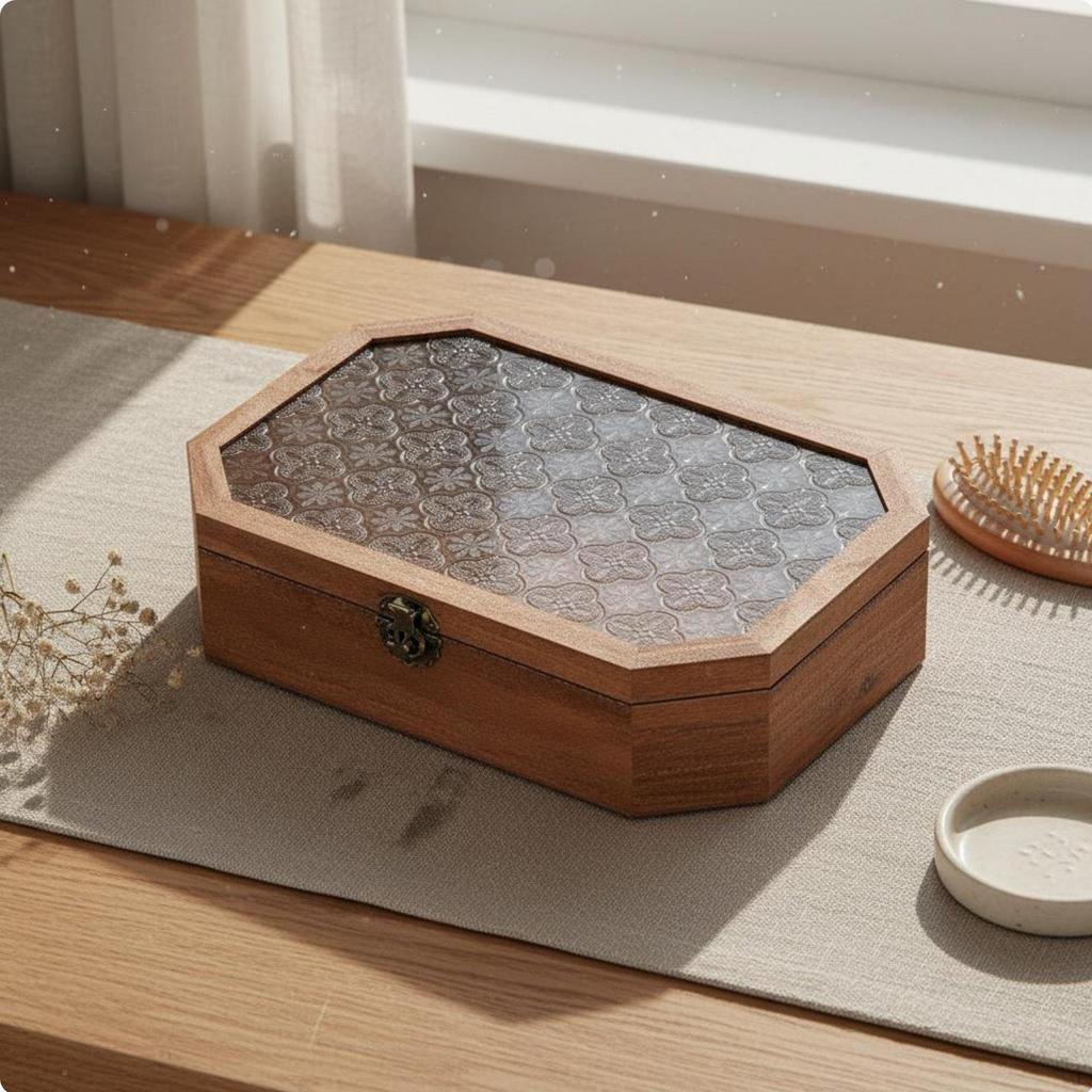 Glass Top Wooden Box Dustproof Retro Cosmetic Organizer Lidded with Clasp Vintage Jewelry
