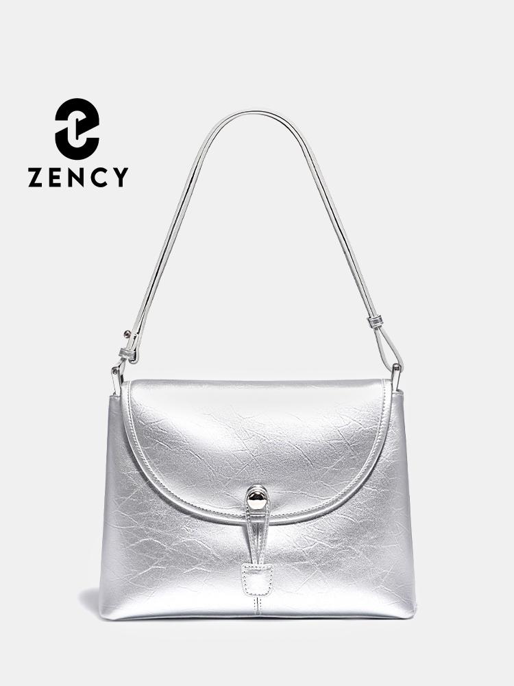 Zency Silver Bag 2024 Women 100% Genuine Leather Handbag Large Pocket Square Bag