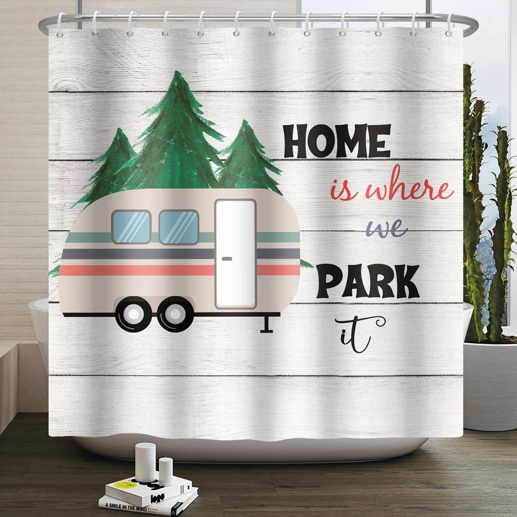 Занавеска для душа Кемпер Счастливый Кемпер Прицеп Автомобиль Автодом Лес Гора Палатка Кемпинг Ванная Занавеска для душа Водонепроницаемая Занавеска для ванны