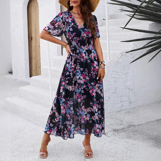 Женское летнее платье макси в стиле бохо с глубоким V-образным вырезом, оборками и короткими рукавами, шифоновый пляжный сарафан, повседневные длинные платья с цветочным принтом