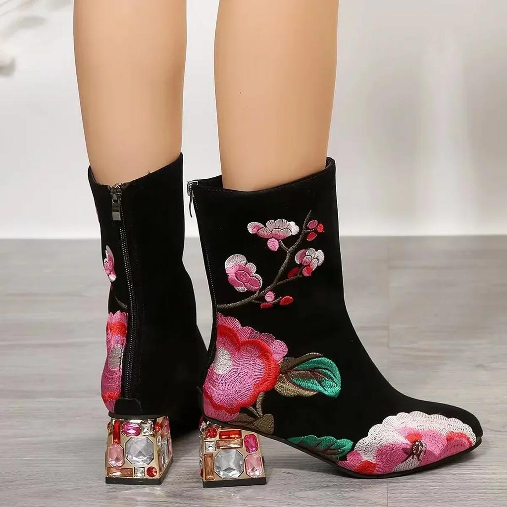 Women Flower Embroider Ankle Boots Winter Fashion Colorful Rhinestone Square Heels Zipper Motorcycle Short Boots Retro Shoes