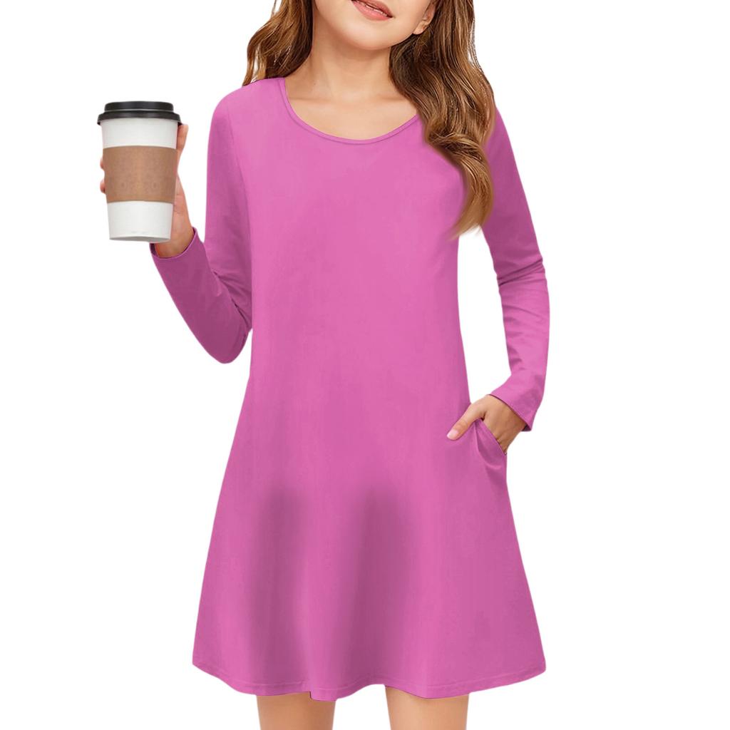 Girls' Long Sleeve Dress - Solid Color Pocket Dress
