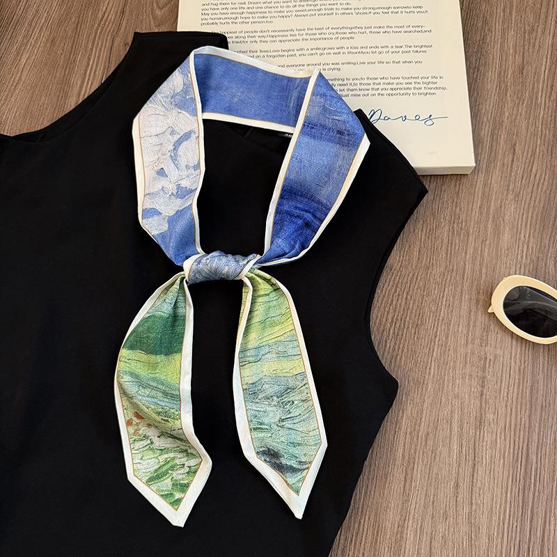 Silk Scarf Long Strip High Sense Spring and Summer Versatile Oil Painting Headscarf Headband Tied Bag Streamer Decorative Scarf Multi-purpose Belt