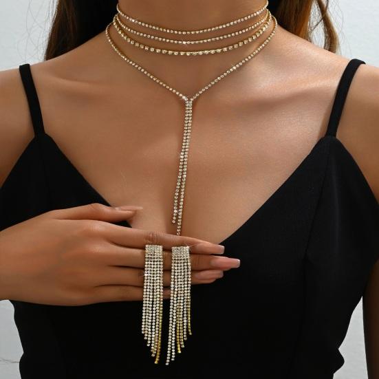 2 Pcs/Set Women Necklace Earrings Set for Formal Banquet And Prom Multi-layered Tassel Rhinestone Adjustable Chain Wedding Bride