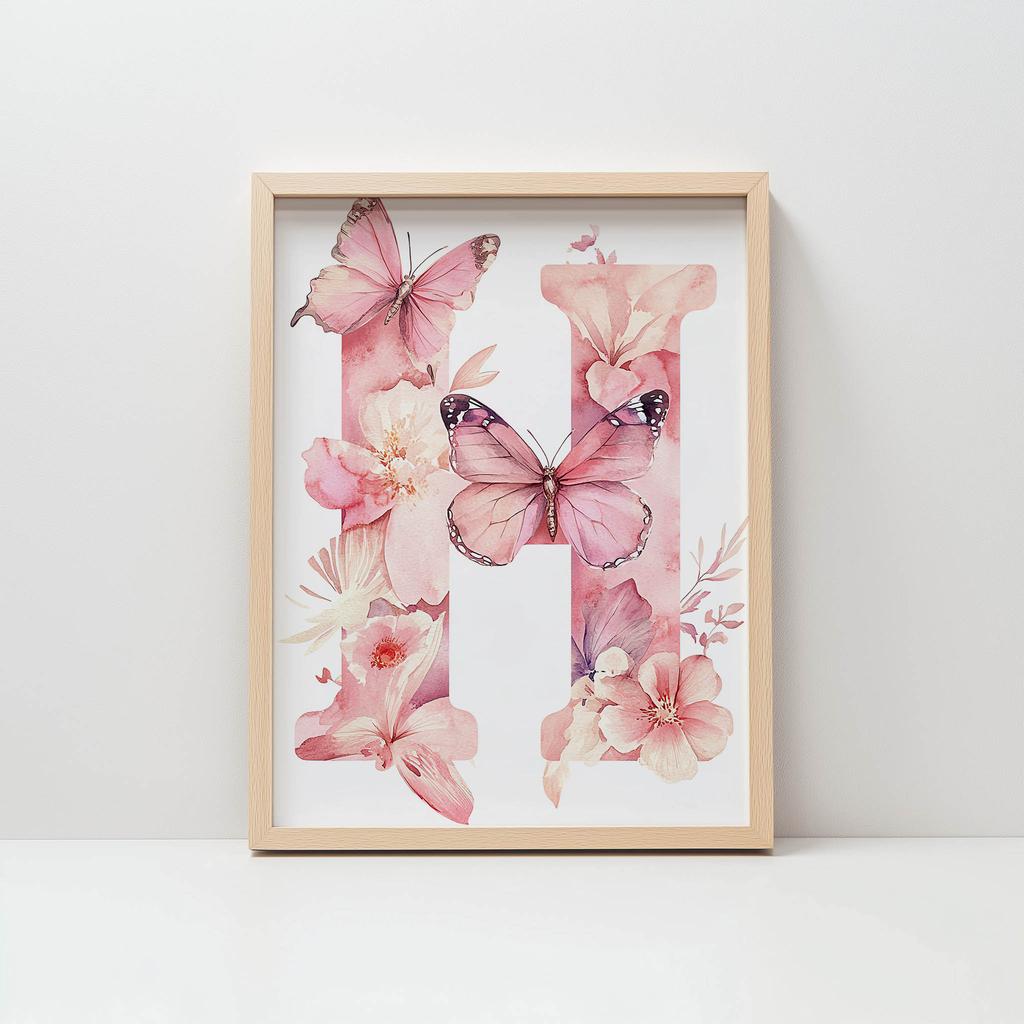 Romantic Letter H With Flowers And Butterflies Poster Romantic Letter H With Flowers And Butterflies Poster, 50X70 Cm, Black Aluminum Frame, 230 Gsm Matte Paper